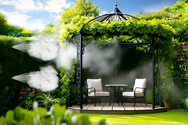Sistema de nebulización bajo una pérgola de jardín